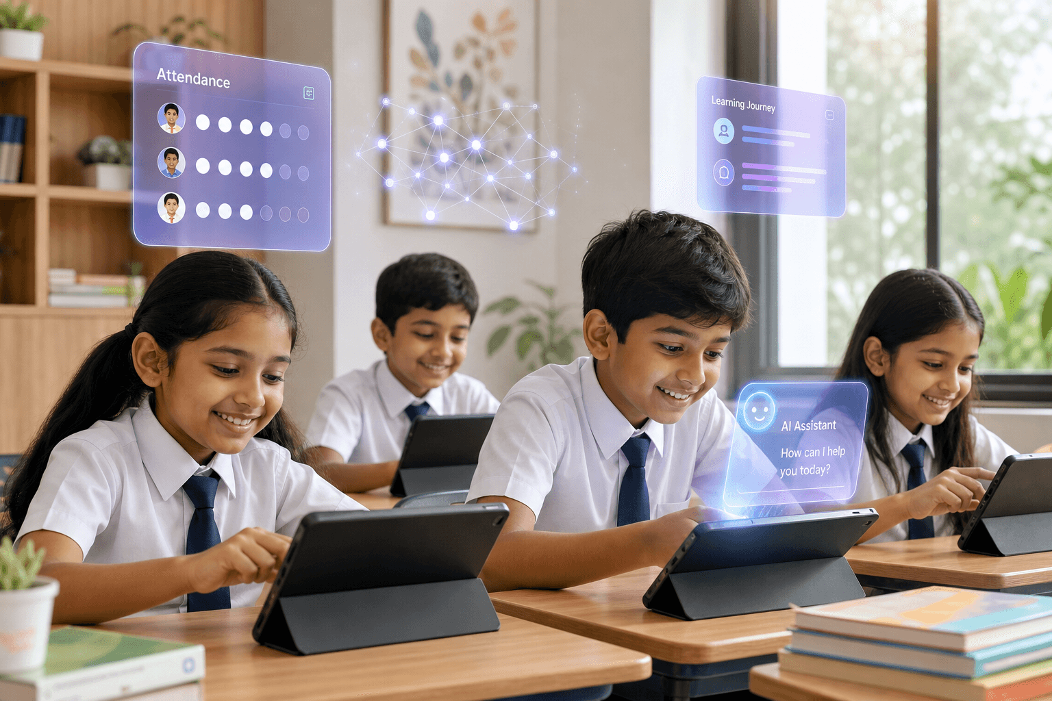 Indian school children in a classroom using MyClassDiary AI-powered learning tools